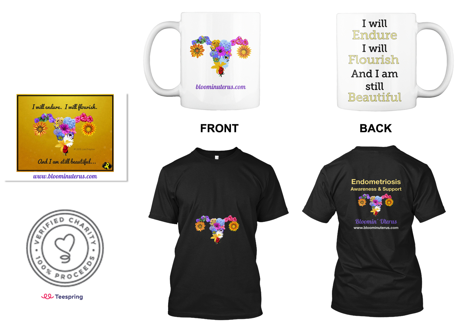 Bloomin' Uterus stickers, mugs, and t-shirts